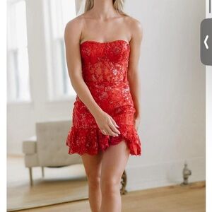 Red Sequin Lace Strapless Sheer Bodice Short ruffled Dress